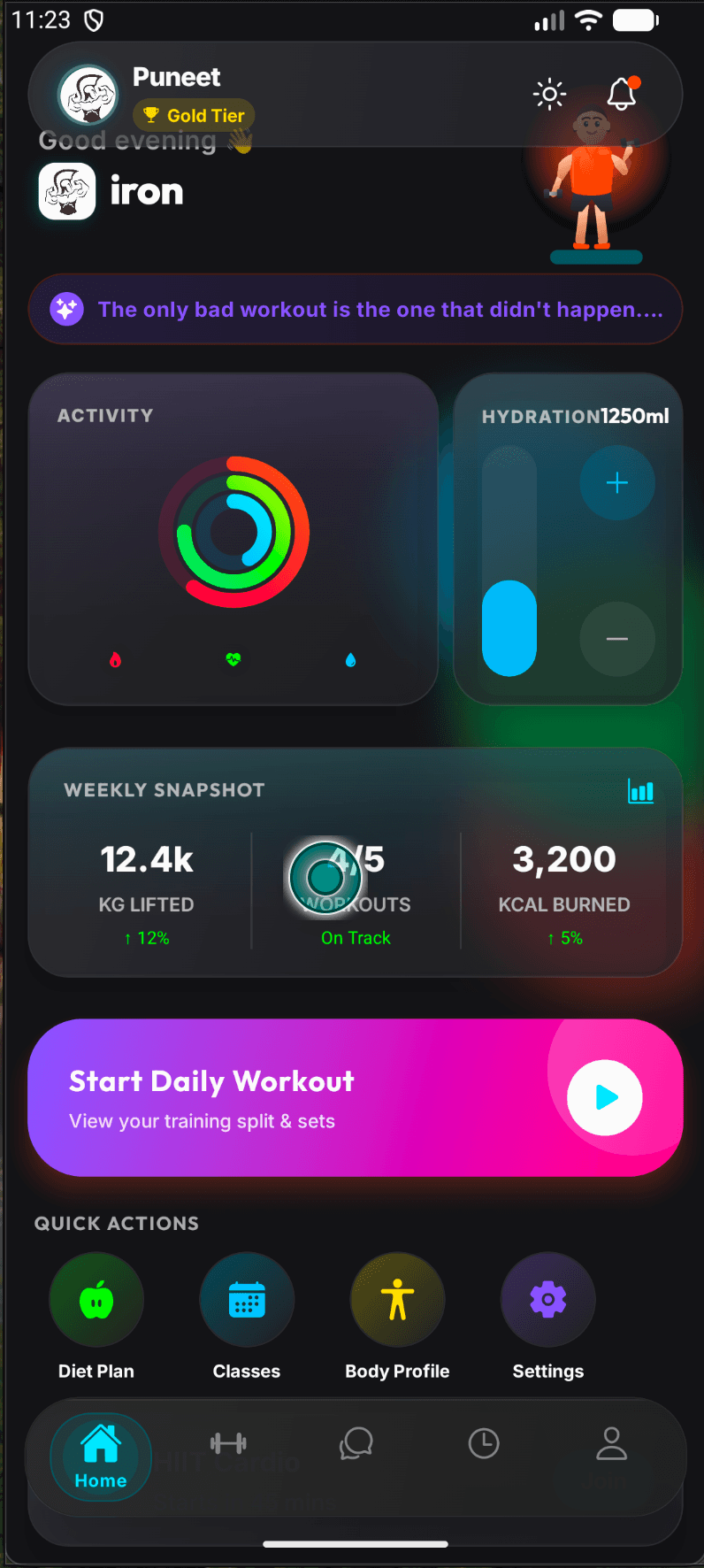 The Clasendra member app home screen: a member greeted by name with a Gold Tier badge, activity rings for calories, workouts and water, a hydration logger, a weekly snapshot showing 12.4k kg lifted, 4 of 5 workouts done and 3,200 kcal burned, a Start Daily Workout button, and quick actions for diet plan, classes, body profile and settings.