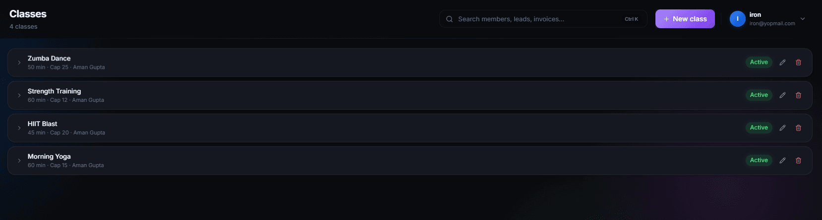 Classes screen listing four active classes — Zumba Dance, Strength Training, HIIT Blast and Morning Yoga — each showing duration, capacity and the assigned trainer, with edit and delete controls and a New class button.