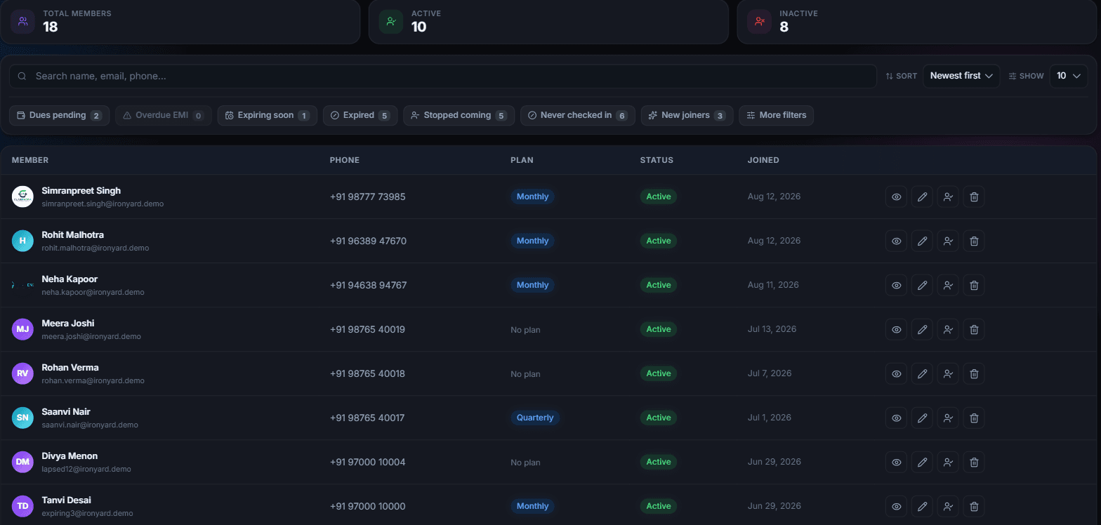 Member directory showing 18 total members, 10 active and 8 inactive, with one-tap filters for dues pending, overdue EMI, expiring soon, expired, stopped coming, never checked in and new joiners, above a table of members with their phone, plan, status and join date.